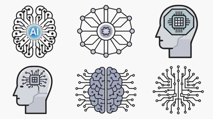 Modern Digital Intelligence A collection of conceptual flat design vector icons representing artificial intelligence, neural networks, and advanced brain technology