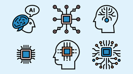 A collection of icons representing concepts of artificial intelligence, machine learning, and neural network technology