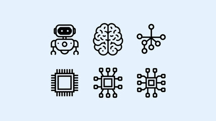 A minimalist collection of line icons representing artificial intelligence concepts, including robotics, neural networks, and machine learning