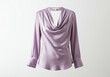 © twilight mist - A mauve, satin blouse with a cowl neckline and long sleeves is displayed against a plain background.