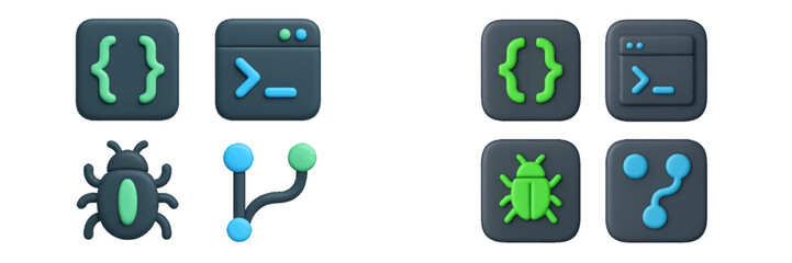 Set of modern 3D rendered icons representing software development, coding, debugging, and version control concepts