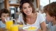 © Tania - Healthy Breakfast Table: A family eating oatmeal and fruit at a kitchen table with a juice pitcher a bowl and a sunny dining area. high quality photo ultra high detail 8K