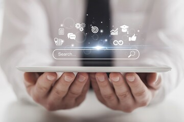 SEO concept. search bar icons and business man