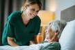 © id512 - Smiling young nurse caring for elderly woman in bed at healthcare facility or home. Compassionate female caregiver providing support and emotional connection in medical setting.