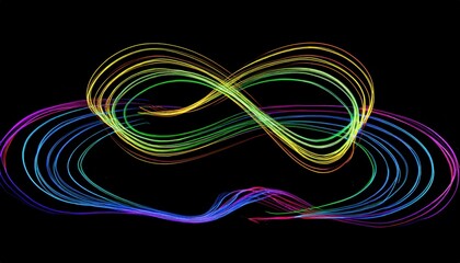 Wall Mural - vibrant neon light trails in abstract swirls glowing against black background, dynamic multicolored streaks, perfect for digital art, website backgrounds, or creative banners