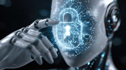 A futuristic representation of a robotic face with a glowing lock symbolizing cybersecurity and advanced technology