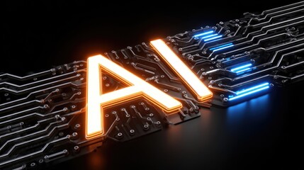 A vibrant close-up of a circuit board featuring glowing AI letters. This image symbolizes the advancement of artificial intelligence in modern technology and innovation.