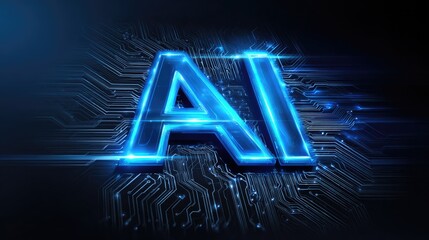 A vibrant representation of AI technology featuring glowing blue letters on a dark background, symbolizing innovation, digital advancement, and the future of artificial intelligenc