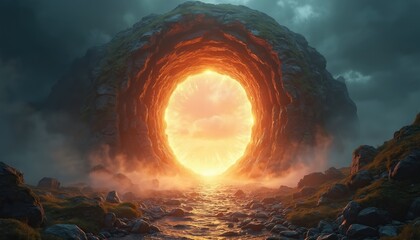 Wall Mural - Digital painting of luminous portal glowing with intense orange, yellow light set within rocky cavern. Path leads toward portal through misty, rugged landscape under dark, cloudy sky. Scene suggests
