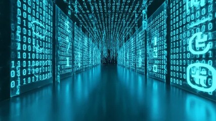 Wall Mural - Digital data center corridor with glowing blue binary code