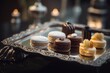 © RAFI - Selection of fancy French petits fours arranged on a silver tray luxury Paris party vibe elegant background dcor
