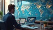© Viktor - Corporate strategist analyzes global trade policies on digital world map display. Business pro reviews economic data on laptops, assessing international market impacts for operations. Planning future