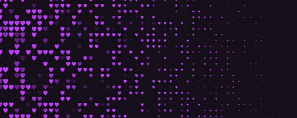 Glowing purple heart pattern, digital love abstract pixel grid. Romantic mood backdrop, passion, emotion, night tech background for events, apps, web. Magenta Neon pixel art vector illustration