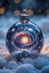 Wall Mural - Wondrous Christmas ornament decoration with cosmic galaxy inside. festive, magical bauble rests on soft cloud, evoking fantasy and holiday joy