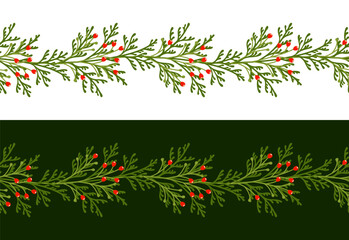 Wall Mural - christmas border with fir tree branches and berries. seamless pattern with winter plants. elegant ve