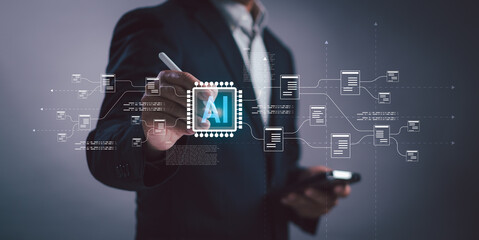 Businessman using artificial intelligence to manage digital data flow and smart system automation. AI chip interface for innovative technology, machine learning and information processing