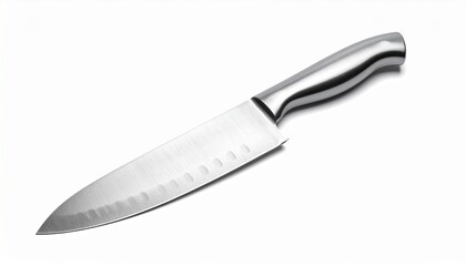 Chef stainless steel kitchen knife with sharp blade essential cooking tool isolated on white background
