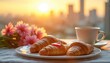 © Viktor - Enjoy peaceful morning with fresh croissants, sweet jam, hot drink on balcony overlooking city at sunrise. Pink flowers add beauty to tranquil breakfast scene, perfect for relaxation, culinary