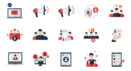 Online communication and social networking icons set in flat style