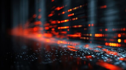 Abstract technology background with glowing red binary code stream representing digital data transfer and cybersecurity