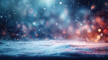 Festive winter snow background with falling snowflakes and magical blue and red bokeh lights for a Christmas holiday celebration