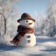 © baymissal - A charming snowman with a hat and scarf standing in a snowy landscape on a bright winter day scene