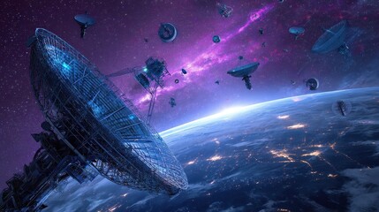 Futuristic satellite communication array in orbit above planet Earth with a vibrant purple galaxy and starfield in the background