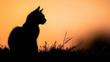 Naklejka na meble A black cat sitting in a grassy field at sunset, with a blurred orange and yellow sky in the background.