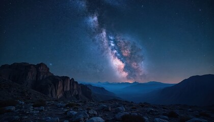 Wall Mural - Starry night sky featuring Milky Way galaxy over rocky terrain. Majestic mountains stretch into distance under vast expanse of stars. This landscape image captures beauty of universe.