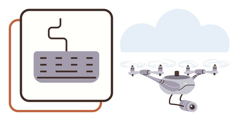Quadcopter equipped with camera flying under cloud alongside wired keyboard, suggesting tech synergy. Ideal for technology, innovation, remote control, robotics, automation, communication, simple flat