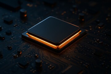 Wall Mural - futuristic computer processor glowing with orange light on a dark circuit board background, symboliz