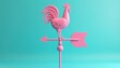 © Viktor - Minimalist 3D illustration of pink rooster weather vane on turquoise blue background. Iconic symbol indicates wind direction, pointing north, south, east, west. Features stylized bird, directional
