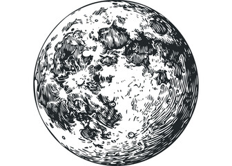 Detailed engraving of the moon with visible craters and texture. Vector hand drawn illustration