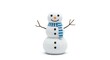 © Linda - A snowman with a blue striped scarf branch arms a carrot nose and coal buttons stands against a white backdrop