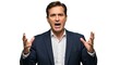 © Cathleen - Man in suit with raised hands and open mouth expressing frustration or anger set against a plain white background