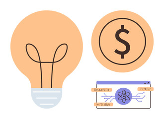 Light bulb for ideas, dollar sign for finance, coding interface for tech innovation. Ideal for entrepreneurship, creativity, finance, technology, startup, innovation simple flat metaphor