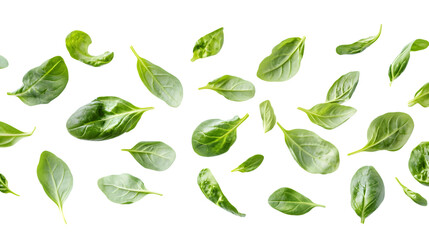 Fresh vibrant green spinach leaves scattered dynamically for culinary design and health concepts, Isolated on white background