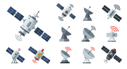 Flat satellite and antenna icons set for communication technology projects