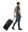 © 1STunningART - Side view guy traveler carrying his rolling suitcase, walking isolated on transparent background. Full length male tourist with luggage