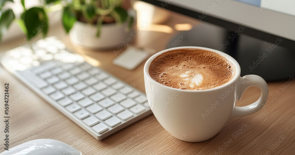 Morning Coffee Break at the Office Desk with Keyboard and Computer ...