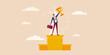 © Anik - Successful businessman holding a golden trophy aloft on a winner s podium with clouds in the background
