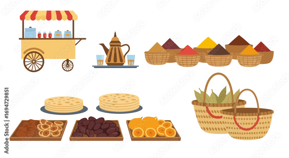 Vibrant assortment of Middle Eastern market goods including sweets, spices, tea, and produce, suitable for illustrating cultural events or food-related designs