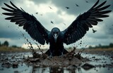 A black raven with outstretched wings landing on muddy ground with a dark cloudy sky and flying birds in the background