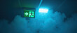© Oran - Emergency exit sign blue light smoke safety illumination escape route emergency lighting indoor ceiling direction warning fog visibility alert