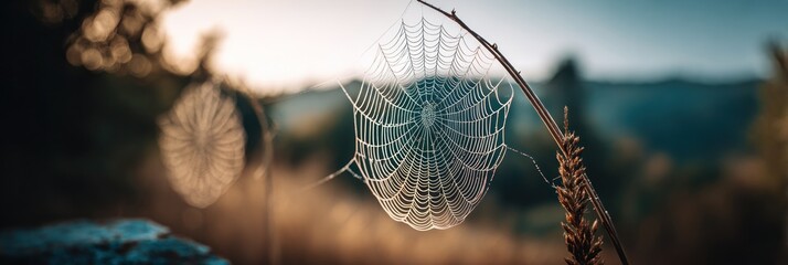 Early morning light illuminates a spider web draped on grass, showcasing intricate patterns and nature's beauty