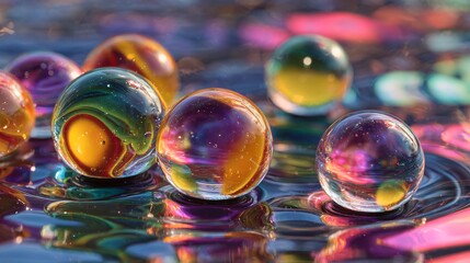 Wall Mural - Colorful glass marbles are scattered on a reflective surface with blurred background.