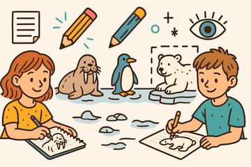 Creative Kids Sketching. Wide vector layout with kids sketching ice animals and creativity icon set for notepad, pencil,