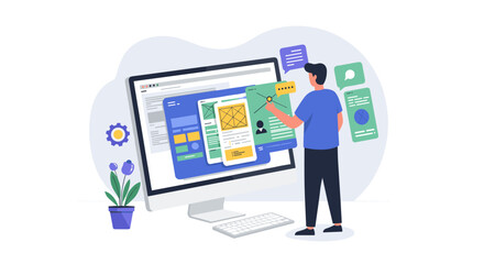 Modern web design process with developer and responsive layout elements
