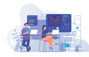 Wall Mural - big data analysis concept for modern web design. people working with statistic charts and datum grap