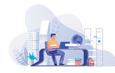 Wall Mural - distant learning concept for modern web design. people studying online, student training at lessons 
